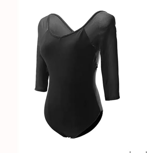 XYLGJYT Justaucorps de Danse pour Filles/Femmes,Justaucorps Noir à Manches Longues 3/4 et col en V, Justaucorps de Gymnastique en Nylon Extensible et Respirant, vêtements Danse Ballet,Black-XL