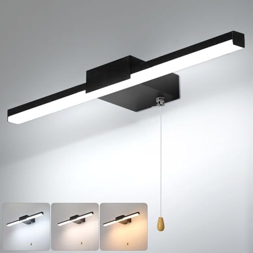 Lightsjoy 40CM Bathroom Mirror Light with Pull Cord Switch 8W Bathroom Wall Lights 3 Colors Dimmable Mirror Lamps IP44 Shaving& Make Up Light Above Bathrooms Picture Lights for Living Room Black