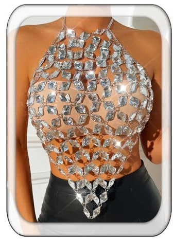 Aukmla Crystal Bra Body Chain Top Silver Rhinestones Halter Crop Tops Beach Bikini Chest Chains Body Jewelry for Women (Silver)