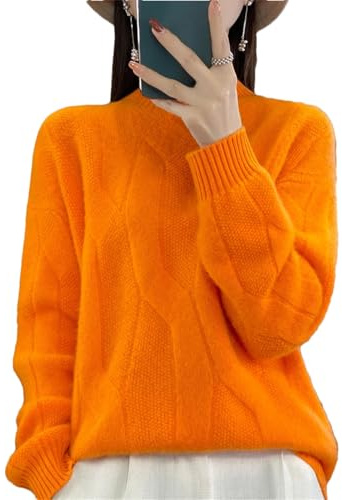 Vsadsau Pull épais torsadé à col montant pour femme 100 % laine mérinos doux et chaud Pull tricot cachemire, Orange, M