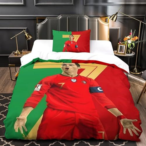 ZZBNECAKE Ronaldo 3D Print Football Quilt Cover Comforter Covers Duvet Cover for Teens And Adults Bedding Set with Pillow Cases with Zipper Closure Soft Microfiber 2 Pieces Single（135x200cm）