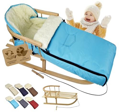 Kombi-erbjudande träsläde med ryggstöd och dragrep universell vinteråkpåse (108 cm), även lämplig för babystol, barnvagn, buggy, av ull, uni (turkos)