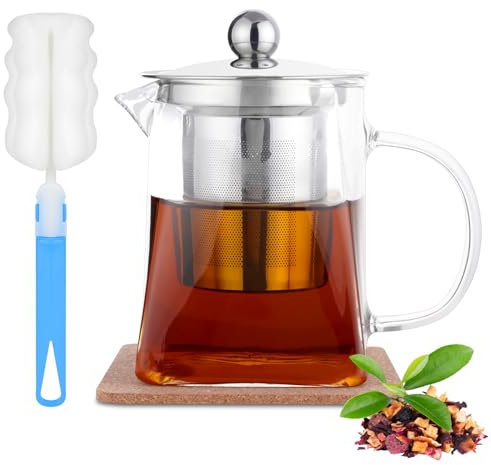 HOTUT Tetera cuadrada de vidrio con infusor, tetera de borosilicato de 350 ml, infusor extraíble con posavasos y cepillo de esponja, tetera de vidrio de borosilicato para estufa, segura para té