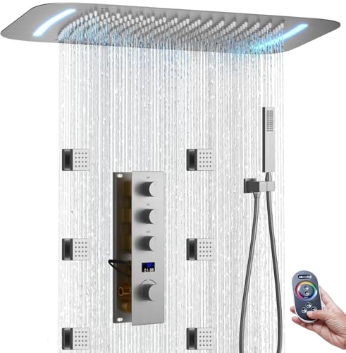 KAITAIHD Temperature Display Shower System with 16X26 inch Rainfall Shower, 6 Body Jet, Handheld Spray, Brushed Nickel