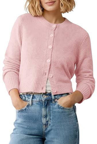 EXCHIC Femmes Confortable Manches Longues Front Ouvert Court Cardigan Pull Coupe Slim Col Rond Boutonné Gilets