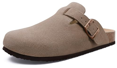 Beslip Women's Suede Clogs Soft Cork Footbed Leather Mules Comfort Potato Shoes with Arch Support, Mocha Women Size 6.5