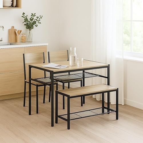 URBNLIVING 4-Piece Dining Set with Table, 2 Chairs & Bench Modern Kitchen Furniture with Sturdy Metal Frame and Wood-Look Finish Compact Design for Small Dining Rooms or Apartments