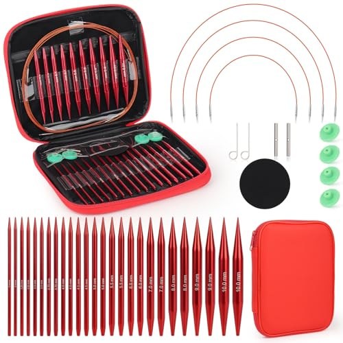 Coopay Juego de Agujas Circulares Intercambiable, 3,0-10,0 mm, Agujas de Tejer Intercambiables, Agujas Circulares con Bolsa de Almacenamiento, 13 pares de Aguja Circulares Intercambiables (rojo)