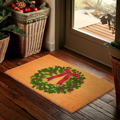 Brubaker Zerbino Natalizio per Esterni e Interni - Corona Natalizia con Fiocco - 45 x 75 cm - Tappeto in 100% Fibra di Cocco, Antisporco e Antisdrucciolo - Impermeabile - Ideale per Porta d'Ingresso