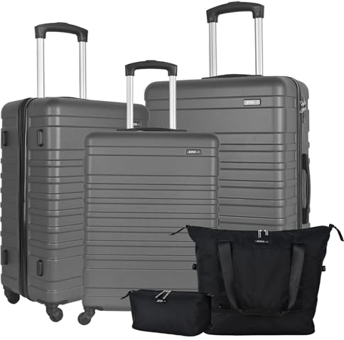 XPLR 5-Piece ABS Luggage Set – Durable Hard Shell Suitcases with TSA Lock, 360° Spinner Wheels & Organised Interiors – Includes Carry-On & Toiletry Bag – Scratch-Resistant Finish – Charcoal Grey