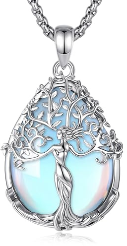 CELESTIA Collier Arbre de Vie en Pierre de Lune pour Femme, Pendentif Arbre de Vie avec Chaîne en Pierre de Cristal, Bijou Pierre de Lune, Cadeau pour Femme 18 +2