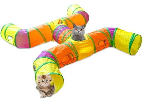 ACNCN Cat Tunnel, Pop-Up Collapsible Cat Toy for Indoor/Outdoor Play, Interactive Maze for Cats, Kittens, Puppies, Rabbits, Guinea Pigs, and Small Pets (Rainbow-4 Way)