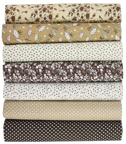 7 Pcs Fat Quarters Fabric Bundles, COGVOHY 50 × 50 cm Soft Fabric Bundles Brown Cotton Quilting Fabric Squares, Precut Pure Cotton Cloth for Quilting Sewing Patchwork Scraps Home Décor DIY Crafts