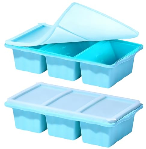2 Pezzi Vassoio Congelatore in Silicone con Coperchio - Stampi per Contenitore del Congelatore per Zuppe - Grande Vassoio del Cubo di Ghiaccio- Rende 6 Perfetti Cubi di Porzioni (Blu)