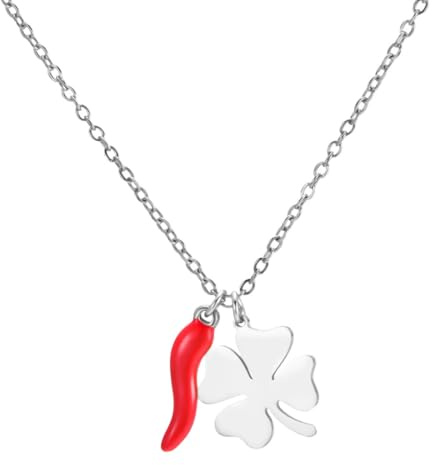 FUHAMJ Collier Italien En Corne Pour Femmes Et Hommes, Avec Trèfle À Quatre Feuilles Et Chaîne En Corne, Amulette En Forme De Poivron Rouge Pour La Chance Et La Protection (Argent)