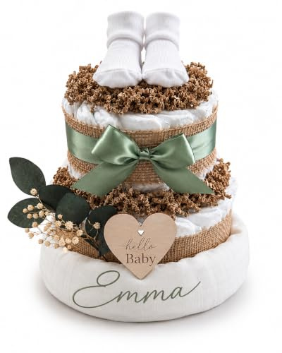 Gâteau de couches Boho avec nom personnalisé, cadeau de naissance, 36 Premium Protection Taille 2, couche en mousseline 80 x 80 cm, chaussettes pour bébé, cadeau pour bébé fille garçon neutre
