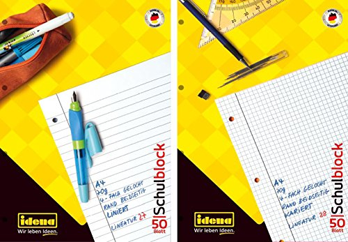 Idena 10 Schulblöcke/Schreibblöcke Mix je 5x liniert | kariert DIN A4 / 50 Blatt je Block (10er Packung, Schulblock | Mix)