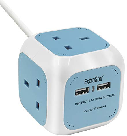 ExtraStar Power Cube 4 Ways Extended Lead with 2 USB Slots (5V/2.1A) Power Strip 1.5 Metre Cable Power Socket UK Plug for Home, Office, Travel and More - Blue + White