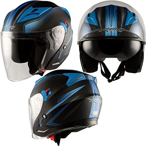 Jet Moto Casco Scooter Doppia Visiera Certificato ECE 22-06 Nero Opaco Blu XL