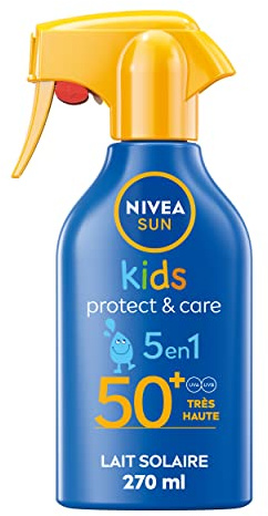 NIVEA SUN Pistolet solaire Protect & Hydrate Enfants FPS 50+ (1 x 270 ml), Spray solaire à la formule fluide, Crème adaptée à la peau fragile des enfants