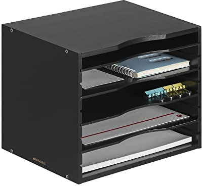Navaris Dokumentenablage Briefablage Bambus - 33x26x24,5cm Schreibtisch Organizer - Holz Ablage 5 Ablagefächer - Ablagesystem für Büro - Schwarz
