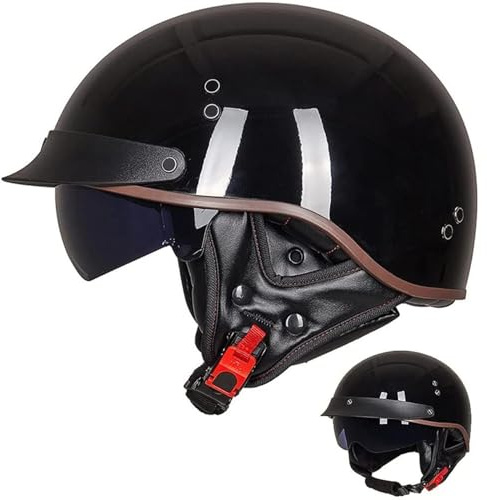 Casque Jet Brain Homologué ECE - Bol Demi-Coque Moto Vintage Rétro à Visière Intégrée pour Cruiser Chopper Scooter Cyclomoteur, I-M=(57-58cm)