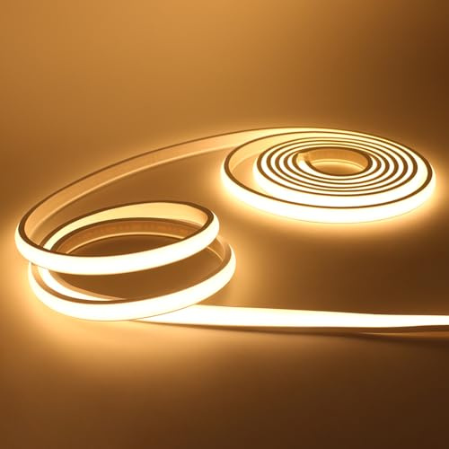 KISUFU Bandeau LED COB 220V, IP65 étanche Flexible néon LED Strip 288 Leds/m Bandes à LED Ruban pour DIY Chambre, Cuisine, Exterieur Maison Décoration. Blanc chaud,5M