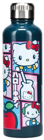 Paladone Hello Kitty Bouteille d'eau Sanrio en métal coloré sous licence officielle Rose et bleu Gobelet de voyage étanche Compatible avec porte-gobelet standard, cadeau et décoration de bureau