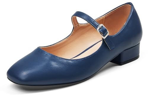 GENSHUO Mary Jane Women's Shoes, Flat Pumps with Square Toe, Comfortable and Simple, with Cushioned Insole, Navy Blue, 6.5 UK