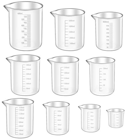 Messbecher Set 10 Stück Measuring Cups, Messbecher 25ml/50ml/100ml/150ml/200ml/250ml/300ml/400ml/500ml/600ml, Präzisions Hitzebeständig-Messbecher Kunststoff Ml-Messbecher mit Skala, für Labor Küche