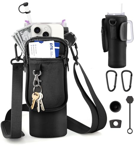 WuGU Bolsa de transporte para Stanley Cup 40oz, Accesorios para Stanley Cup, Bolsa para Stanley Cup | Stanley Quencher Accesorios, con bolsillo para teléfono móvil, Tapas de Pajita de Silicona (Negro)