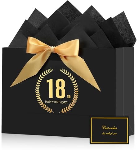 BBLIKE Sacchetti Regalo Compleanno 18 Anni- Squisito Sacchetto Regalo Grande in Nero e Oro, Lusso Busta Regalo con 2 Fogli di Carta 1 Carte di Auguri per Donne Uomini, Decorazione per Feste
