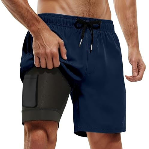 Short de Bain Homme 2 en 1, Maillot de Bain Homme Piscine Séchage Rapide avec Doublure de Compression Boxer de Bain Grande Taille Léger Shorts de Plage Natation Surf avec 2 Poches, Bleu foncé 3XL