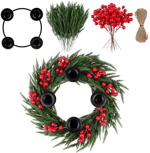 Christmas Advent Candle Holder DIY Advent Wreath Ring Artificial Evergreen Pine Branches Red Berries for Xmas Party Church Home Dinner Indoor Outdoor Table Fireplaces Porch Walls, No Candles