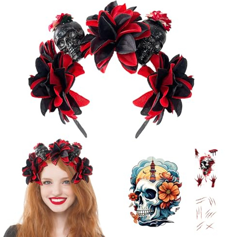 BSITSSS Halloween diadem, blommor hårband med 3 ark halloween tatueringar skalle huvudbonad hårprydnad kostym tillbehör för karneval karneval maskerad svart