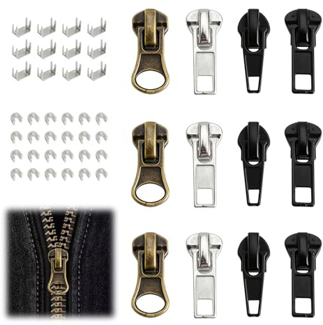 TMZELOA Juego de reparación de cremalleras, 48 piezas, #5, juego de reparación de cremallera, juego de repuesto universal con cremalleras deslizantes, cremallera de repuesto para chaquetas, bolsos