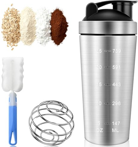 Stainless Steel Protein Shaker Bottle with Mixing Ball, 750ml Gym Sport Supplement Metal Shakes Mixer Shake Blender, Leakproof Sports Water Bottle Fitness Workout Storage Cup for Powder, Supplements