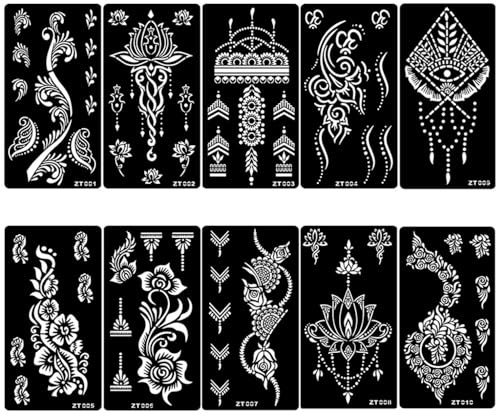 SSyang 10 Piezas Henna Tatuajes Plantilla, Henna Tattoo Negro, Mariposa, Flores, Geometría, Reutilizable, para Manos, Cumpleaños, Halloween, Navidad, Bailes (11,5x21cm)