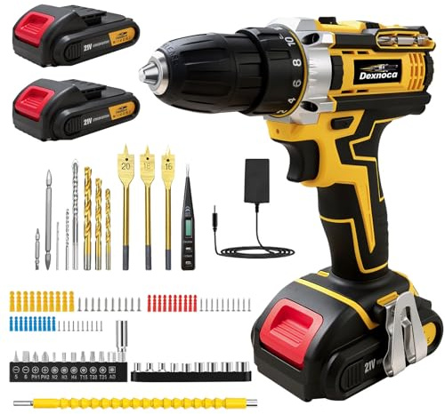 Cordless Drill 21V, Dexnoca Comprehensive Drilldrivers Kit Battery Power, 45N.m Combi-Drill with 2.0Ah Battery, Charger, 3/8” Keyless Chuck Torque Setting Electric Screwdriver Kit (Yellow-2 Batteries)
