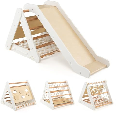 HOMASIS 3 en 1 Triangle d'escalade de Pikler en Bois, Jeu d'escalade Montessori avec Toboggan & Echelle, Aire de Jeux Intérieure pour Enfants de 1+ Ans, Capacité de 60kg (Blanc)
