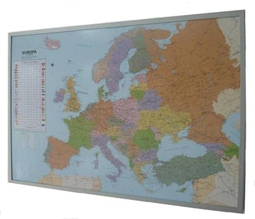 Politische Europakarte auf Kork-Pinnwand, deutsch, 90x60cm: Europakarte zum Pinnen, Maßstab 1:10.350.000 Mio., mit 12 Pinnfähnchen mit silberfarbenen Holzrahmen