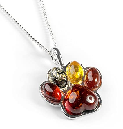 HENRYKA Paw Print Necklace in 925 Sterling Silver and Baltic Amber, Dog & Cat Paw Print Necklace