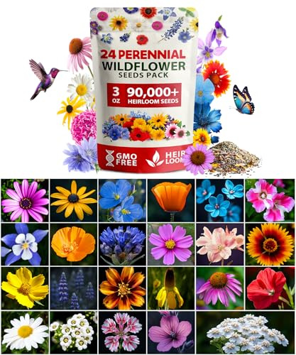 HOME GROWN 90,000+ Wildflower Seeds Mix 3oz 24 Varieties Non-GMO Perennial Flower Seeds for Planting Outdoors Butterfly & Pollinator Flower Mix Attract Bees Birds & Hummingbirds