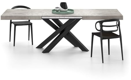 MOBILI FIVER, Table Extensible Emma 160(240) x90 cm, Gris Béton avec Pieds Croisés Noirs, pour 6-10 Personnes, Table Extensible pour Cuisine, Salon, Made in Italy