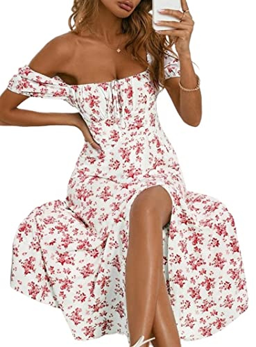 OPAGEE Sommarklänning, allover blommig, slit thigh slit front, puffärm rynkad, bröstklänning, kvinnor, fyrkantig hals, hög midja