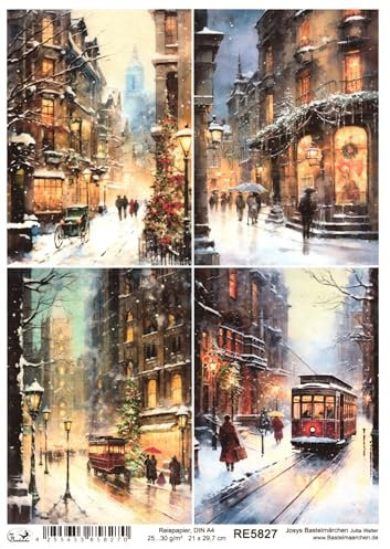 Josys Bastelmärchen Reispapier A4 Strohseide Weihnachten Vintage Straße Bahn Baum Schnee RE5827