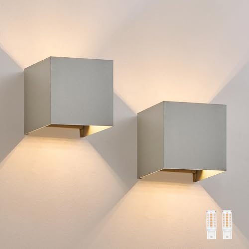 Homefire LED Wandleuchte Innen Wandlampe - 2ER Set Außenwandleuchten Grau Wandbeleuchtung Aussen Aussenlampe Außenlampe Up Down Außenleuchte IP65 Außenbeleuchtung 3000K Warmweiß für Hauswand Garten