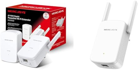 MERCUSYS MP510 Kit, AV1000 Mbps, 300 Mbps en WiFi, 1 Puerto Gigabit, Plug and Play, HomePlug AV2 & ME30 AC1200 Repetidor WiFi, 5 GHz & 2.4 GHz, 2 Antenas Externas, 10/100Mbps Puerto