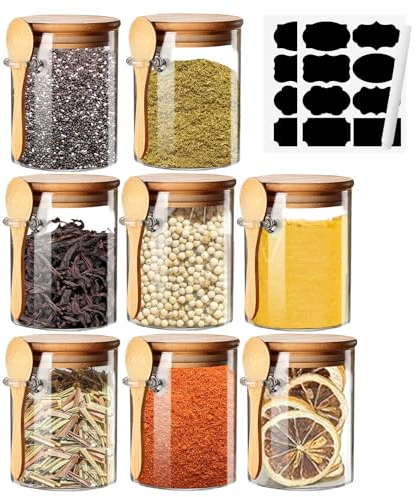 Pots à Épices Verre Avec Étiquettes Petit Bocaux En Verre Avec Couvercle Hermétique Et Cuillère–8 Pièces 220ml–Boite Epices Cuisine Accessoires Bocaux à Épices Bocaux Rangement Pour Café,Thé,Sucre