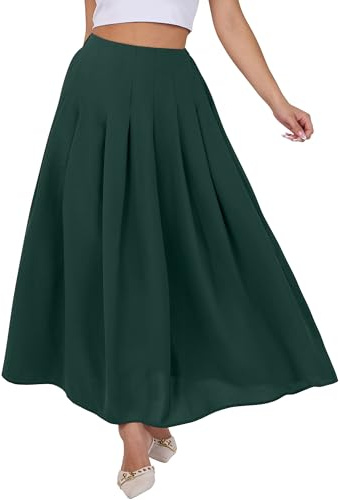 ANRABESS Womens Pleated Maxi Skirts High Waisted Ankle Length with Pockets,Green,S